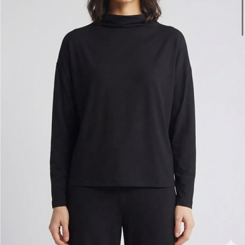Eileen Fisher Black Funnel Neck Long Sleeve Boxy Top | Size Medium